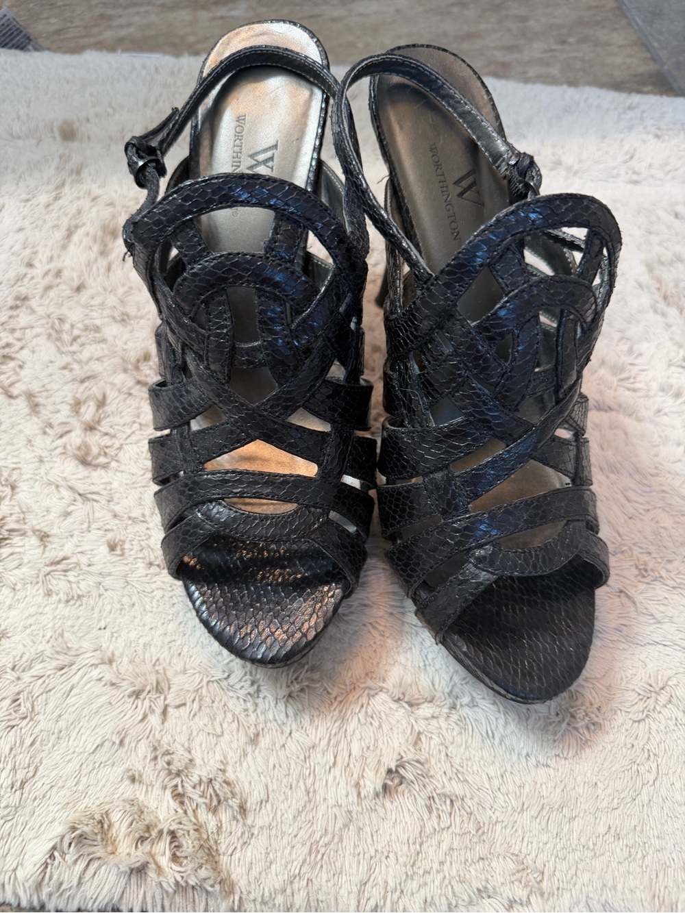 Worthington Black Snake-Embossed Strappy Heels